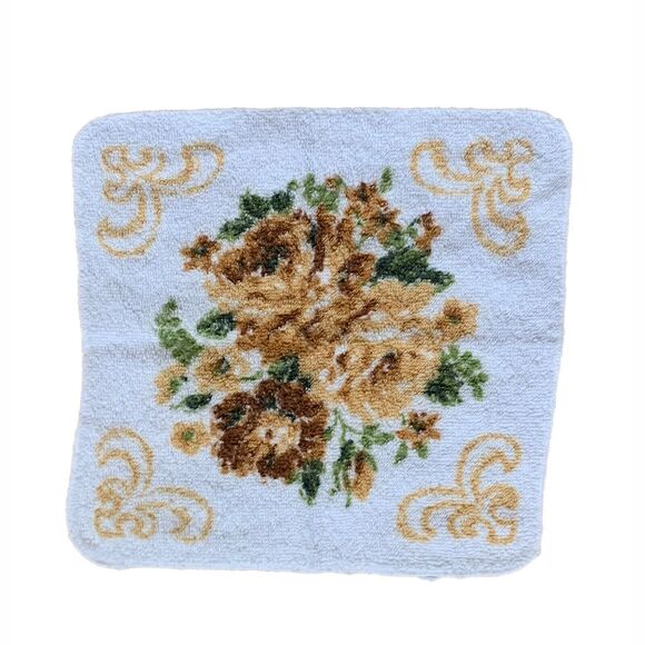 Cannon Floral Terry Towel Set Beige Brown Scroll Cotton Fringe Made USA Vintage - Picture 2 of 4
